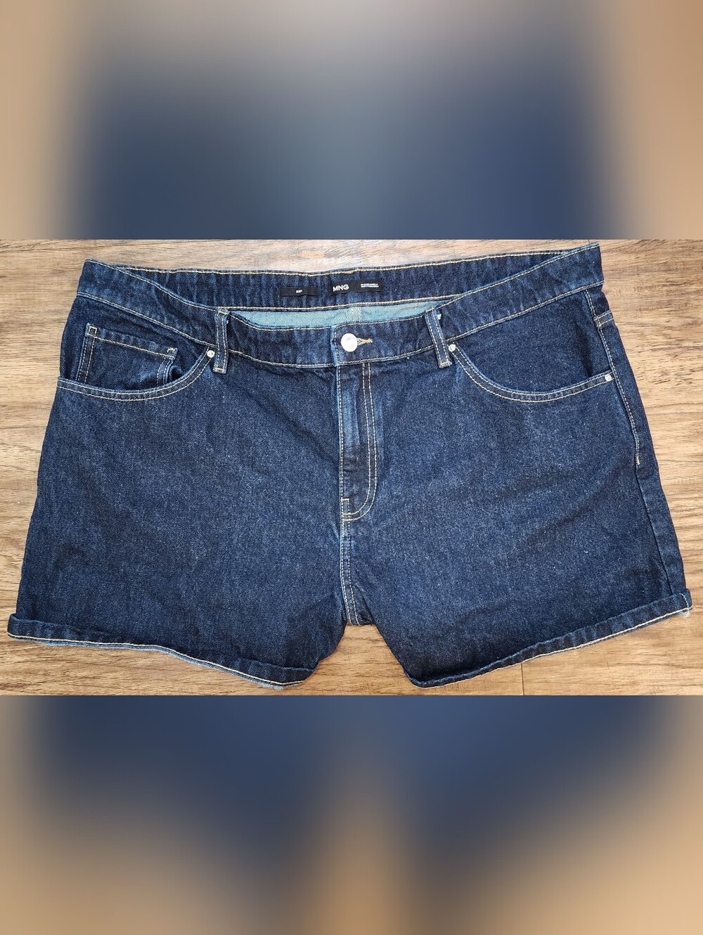 Mango Zoey High-Waisted Denim Shorts — Size 16 — Dark Wash Cuffed